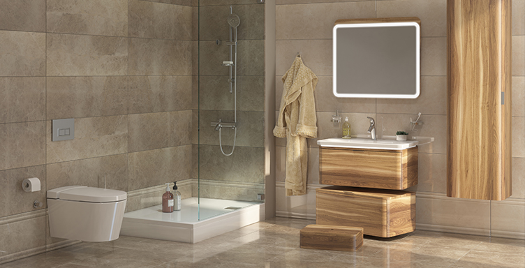 Bathroom setting with VitrA Nest waved natural wood washbasin unit and furniture
